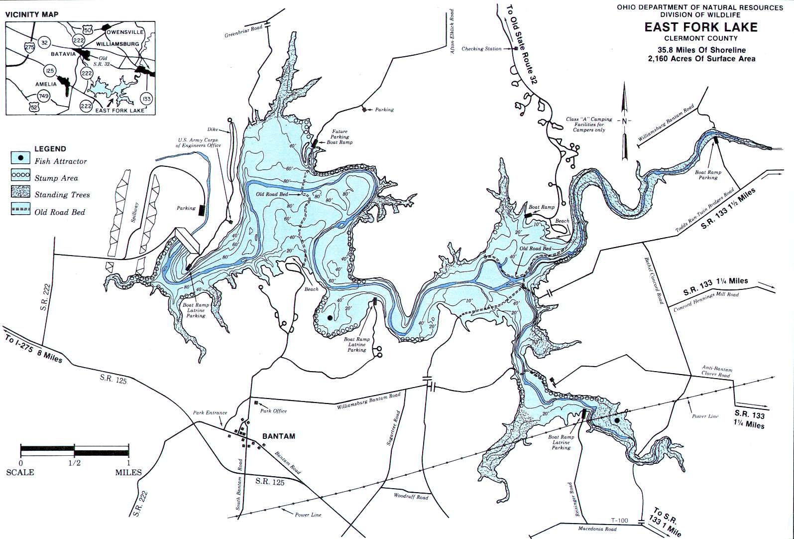 East Fork Lake Fishing Map - Southwest OH